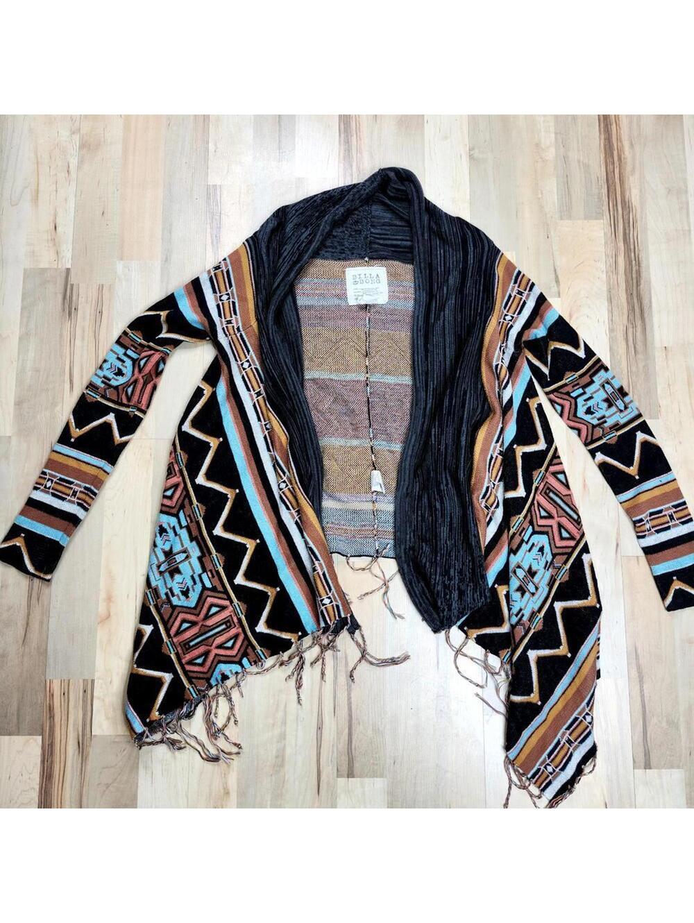 Boho Aztec Print Fringe Poncho Sweater Tribal Pattern Black Blue Brown